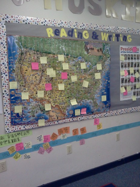 Today we started a GLAD strategy where students express their thoughts and questions about visuals for a unit. We put ours on a map of the United States and a picture of the U.S. Presidents. Beneath is our U.S. History timeline which will soon be filled with cards from their mini-report on the presidents.